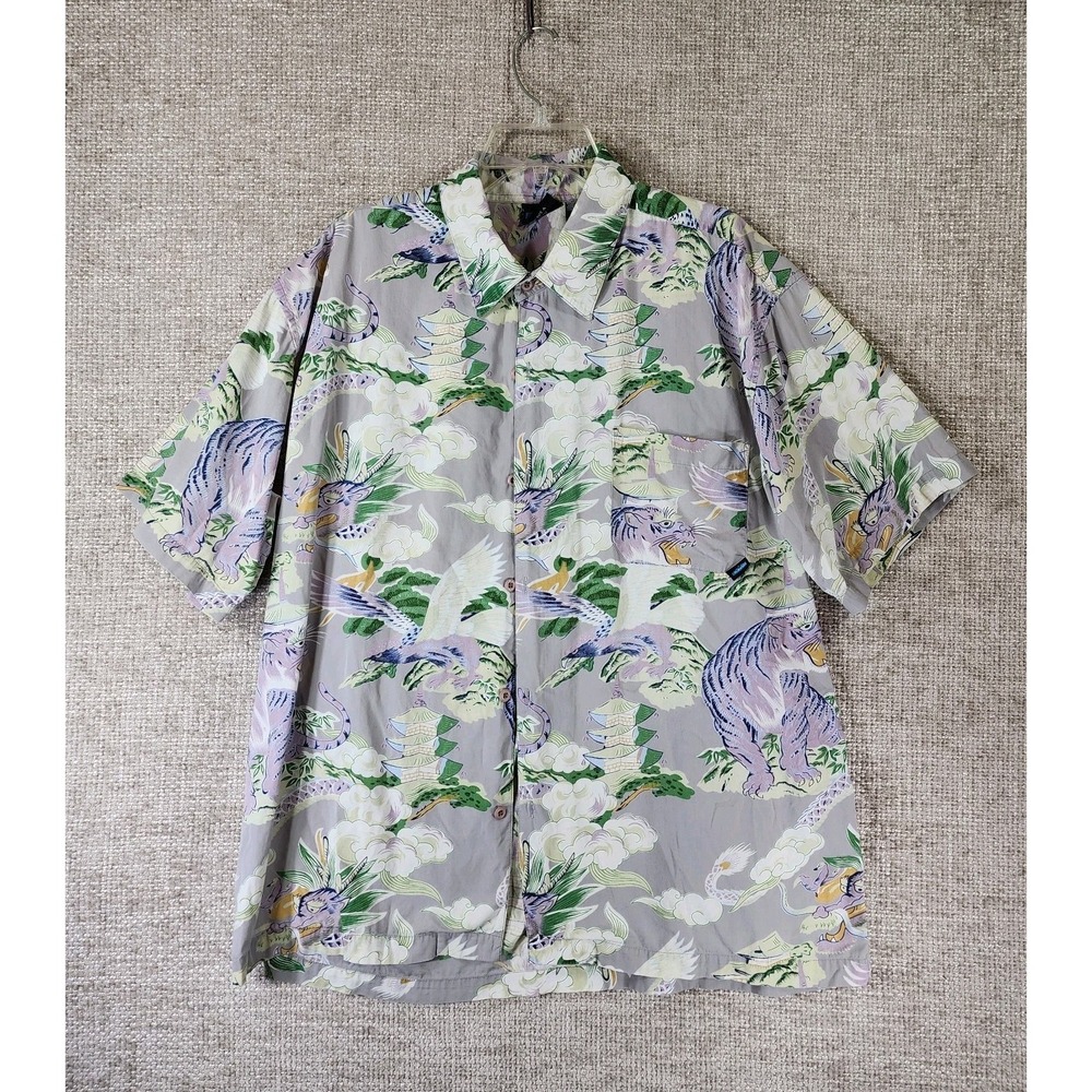 KAVU Shirt Mens L Pagoda Chinese Dragon Short Sleeve Button Up Casual Outdoor